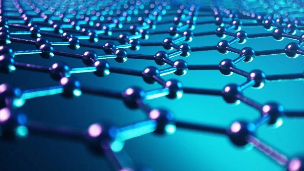 Graphene is a flat sheet of strongly bonded carbon atoms in hexagonal cells, as seen in this 3D illustration.